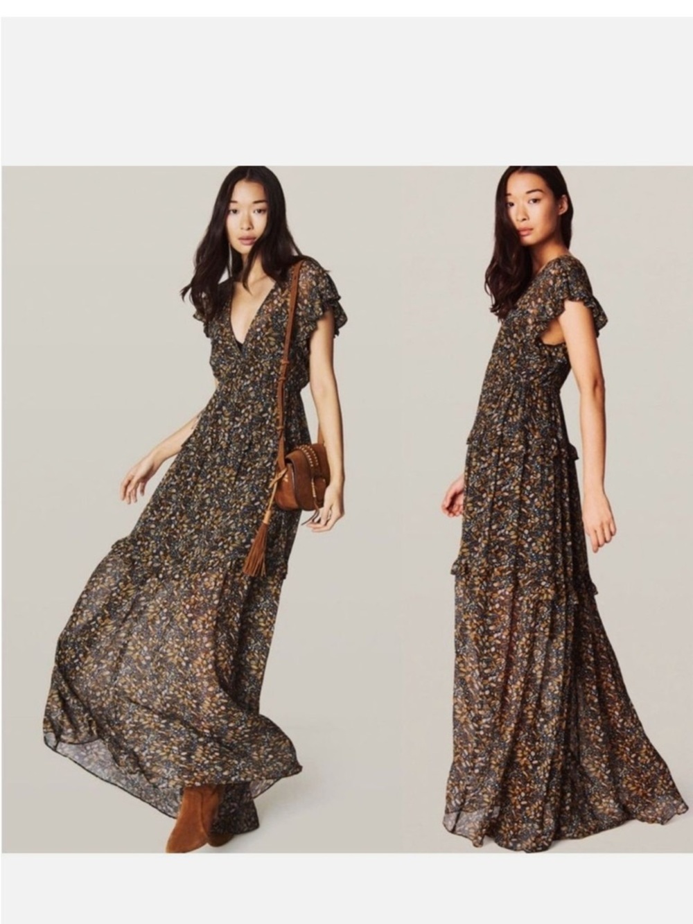 Ba&sh Samantha Dark Floral V-Neck Ruffle Sleeve Maxi Dress